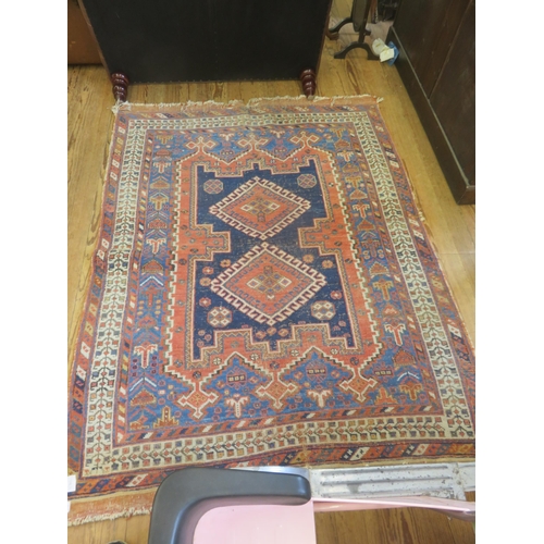 456 - Fringed Rug, Red and Blue Ground, Two Centre Medallions