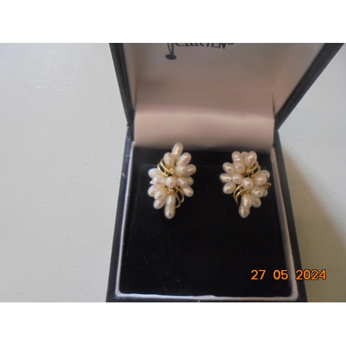 99 - Pair of 14K Gold Diamond Pearl Cluster Earrings