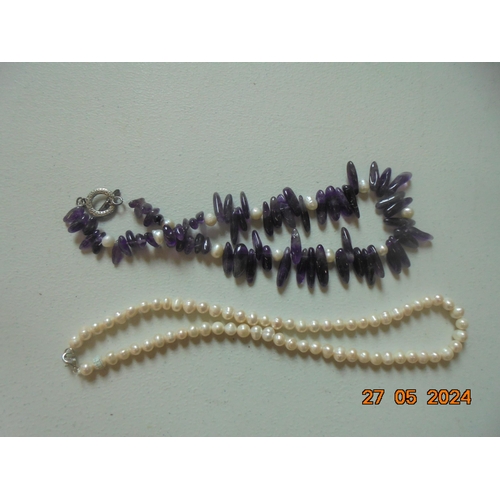 114 - Amethyst and Pearl Necklace and a Pearl Necklace