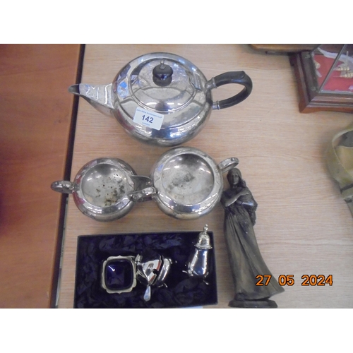 142 - Three Plated Cruets and Three Piece Plated Tea Service and Composite Figure