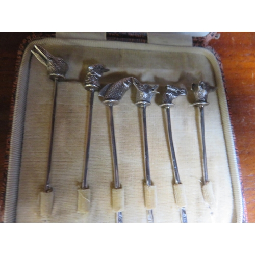 128 - Set of Six Cased Hallmarked Silver Cocktail Sticks With Animal Finials