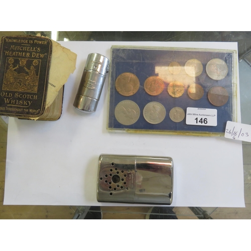 146 - Mitchells Heather Dew Book, 1971 Decimal Coinage Set, Handwarmer and a Lighter