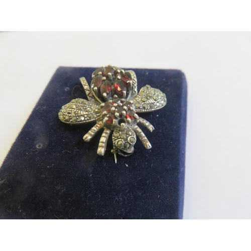 153 - Silver Marcasite and Garnet Bee Brooch