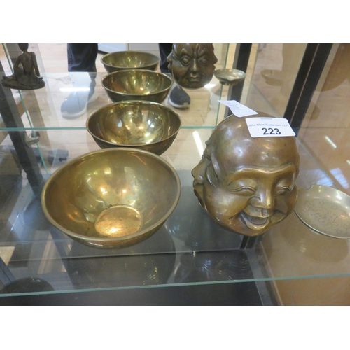 223 - Brass Four Faced Budha Ornament, Two Bowls and One Other