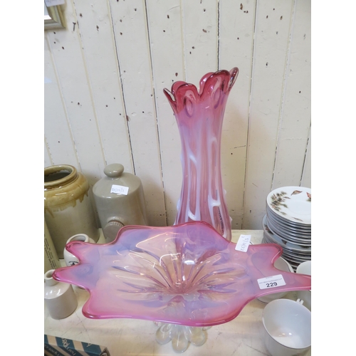 229 - Vaseline Glass Pedestal Bowl and Vase