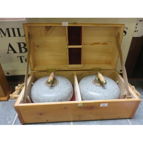 327 - Two Curling Stones in Wooden Case marked T. Robertson