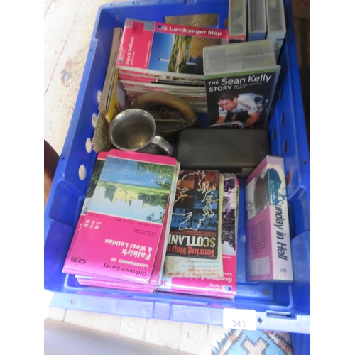 343 - Plastic Box Containing Old Iron, Maps, Videos and Cup