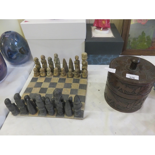 370 - South African Soap Stone Chess Set and Carved Wood African Lidded Jar