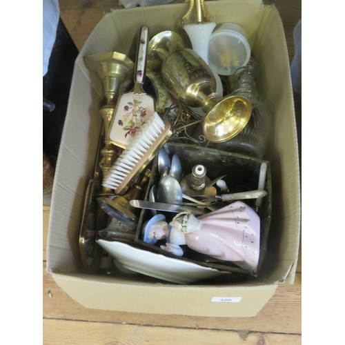 386 - Box containing Brassware, Vase, Figure and a Decanter