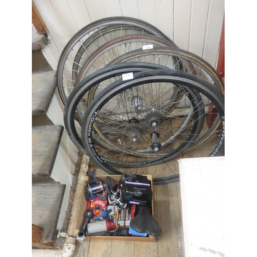 479 - Six Racing Bike Spare Wheels, Front and Back and Box with Spare Pedals, Tubes, Rear Derailleur etc