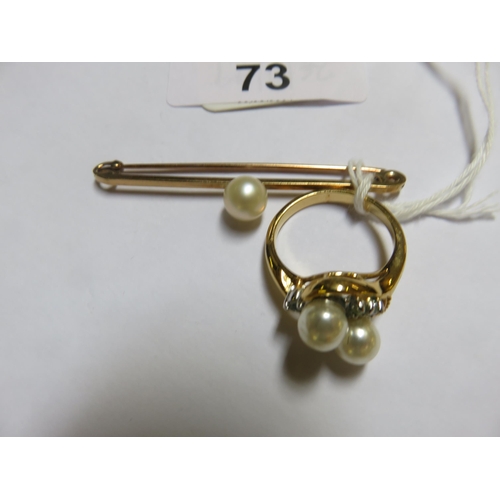 73 - 9ct Gold and Pearl Bar Brooch and a Pearl Dress Ring