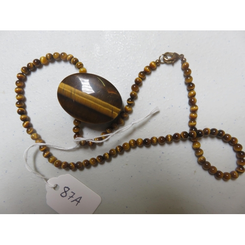 87A - Vintage Tiger's Eye Pendant and Beaded Necklace