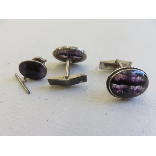 135 - Silver and Bluestone  Pair of Cufflinks and Tie Pin