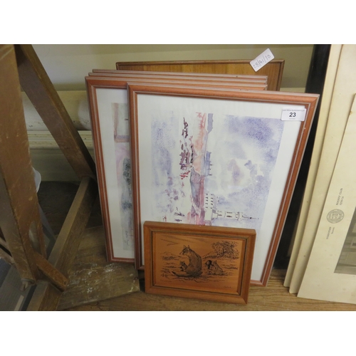 23 - Four Prints, Marquetry Picture, Brass Picture