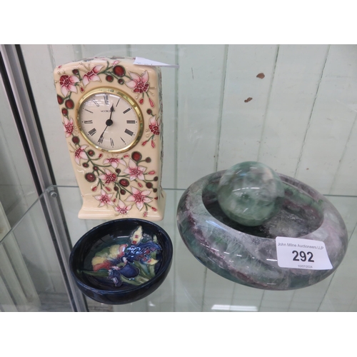 295 - Moorcroft Mantel Clock, Pin Dish and Polished Stone Ashtray and Sphere