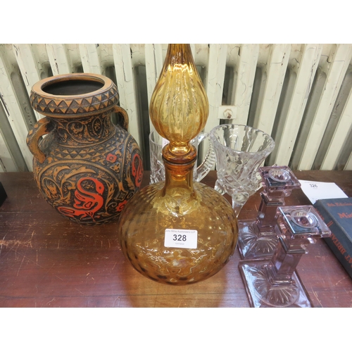 331 - Yellow Glass Decanter, Amethyst Glass Candlesticks, Crystal Tankard, Bud Vase and Modern Japanese Va... 