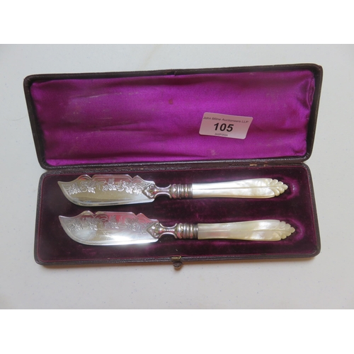 105 - Boxed Pair of Victorian Silver and Mop Butter Knives