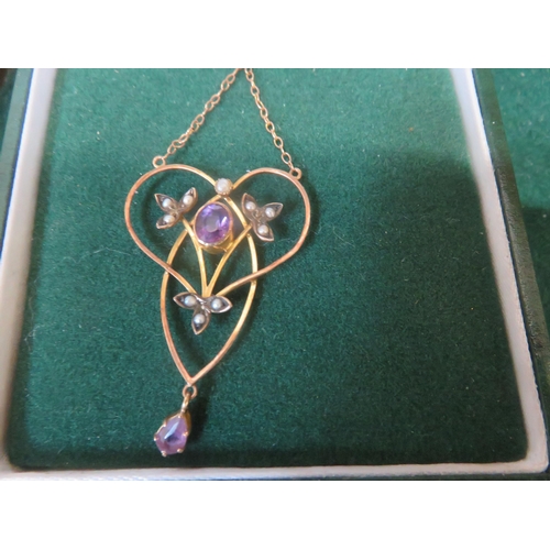 156 - Art Nouveau Gold Amethyst Pearl Pendant Necklace