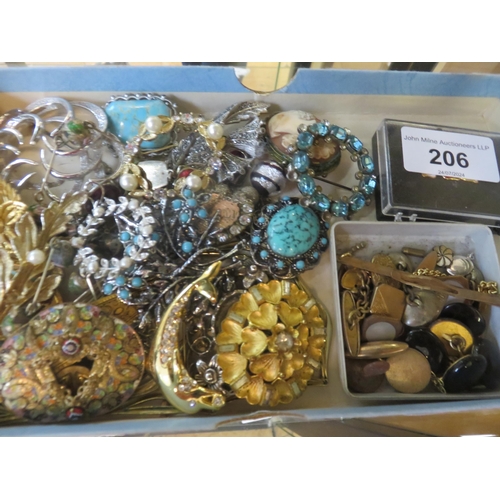 206 - Tray of Vintage Brooches, Costume Jewellery etc