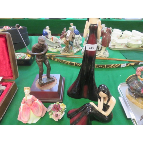 245 - Royal Doulton Figure, Bronze Golfing Trophy, Two Leonardo Figures