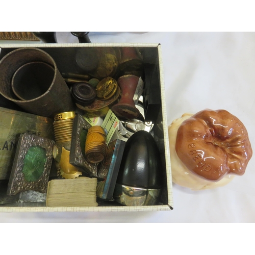 362 - Box of Curios, Miniature Mouth Organ, Met. Handcuffs, Zippo Tape Measure etc