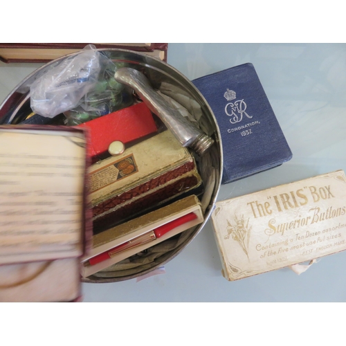 370 - Box of Curios - Hip Flask, Lusitanic Medallion, Vesta etc