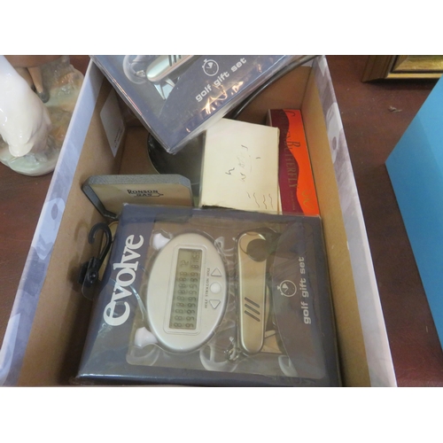 385 - Box containing two Golf Multi Tools, Ronson Lighter, Mouth Organ and Silver Spoon