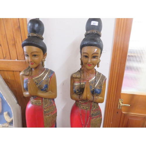 486 - Pair of Large Painted Wooden Thai Sawadee Figures