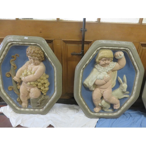 Set of Four Heavy Stone and Glazed Plaques, Cherubs, Depicting The Four Seasons, Each Plaque 116cm x 95cm - approx 45ins x 37ins