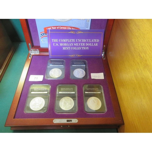 The Complete Uncirculated US Morgan Silver Dollar Mint Set, Featuring Carson City, Denver, New Orleans, Philadelphia and San Francisco Minted Morgans, with Fitted Case and Paperwork