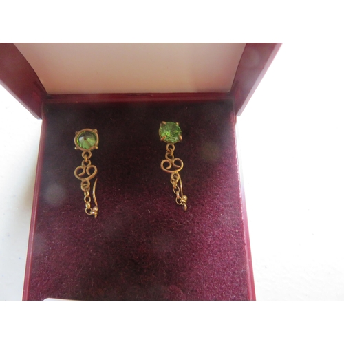 96 - Pair of Gold Green Gem Pendant Earrings