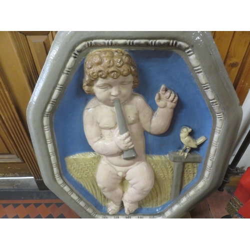 487 - Set of Four Heavy Stone and Glazed Plaques, Cherubs, Depicting The Four Seasons, Each Plaque 116cm x... 