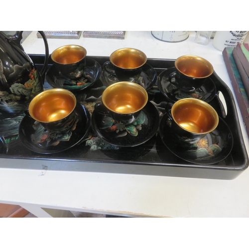 219A - Oriental Laquered Part Coffee Set On Matching Tray