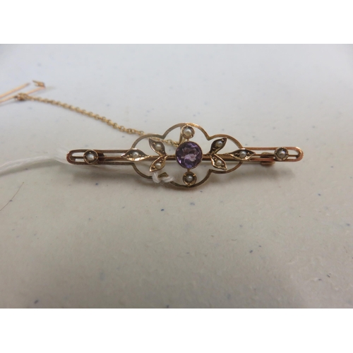 128 - 9ct Gold Amethyst and Seed Pearl Bar Brooch