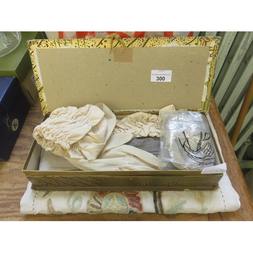 300 - Box of Vintage Ladies Gloves and Tapestry and Doilies