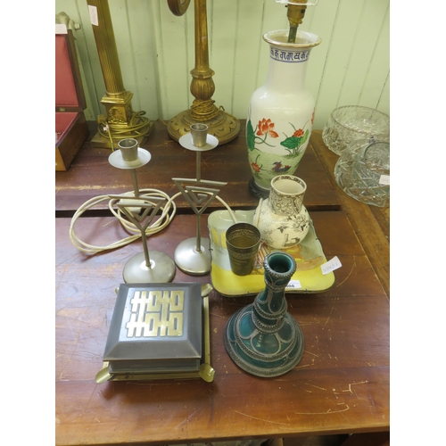 308 - Chinese Ashtray, Cigarette Box, White Metal Beaker, Doulton Vase, Three Candlesticks, Doulton Plate ... 