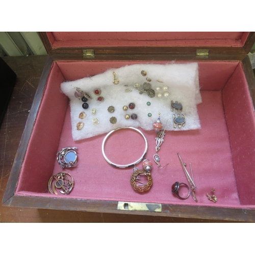 310 - Mother of Pearl Inlaid Jewellery Box with Jewellery and Brooches, some silver