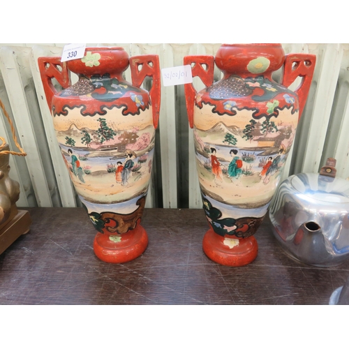 330 - Pair of Oriental Vases on Red Ground Depicting Geishas