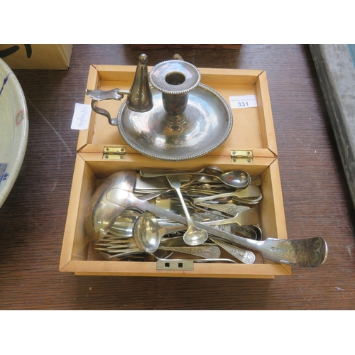 331 - Carved Wood Jewellery Box and EPNS Cutlery and Chamber Stick