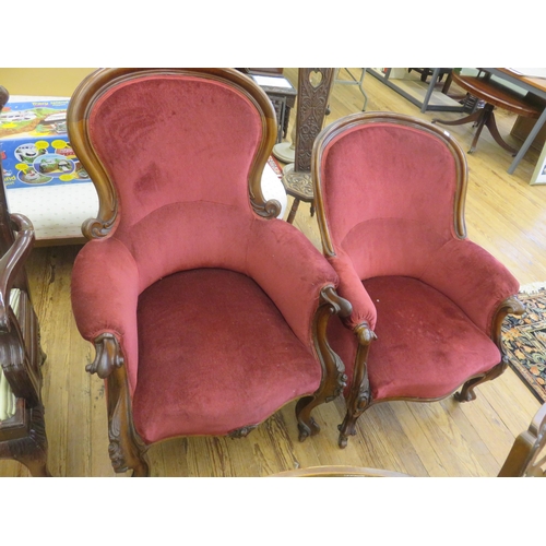 381 - Mahogany Framed Red Upholstered His and Her Armchairs