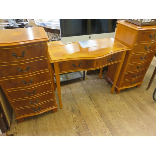 401 - Yew Wood Suite: Pair of Tallboys and Two Drawer Hall Table