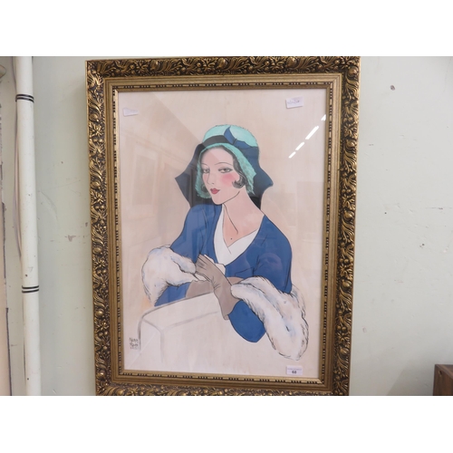 68 - Gilt Framed Paining  - Art Deco Lady in Blue Hat and White Furs - Nora Padar