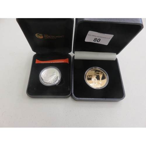 80 - Cased 2016 Australian Kangaroo Silver Proof Coin and a Silver Gilt Medallion