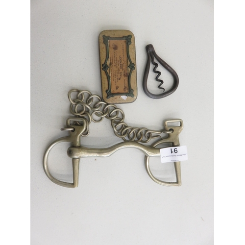 91 - Horse bit, folding corkscrew and vintage stamp