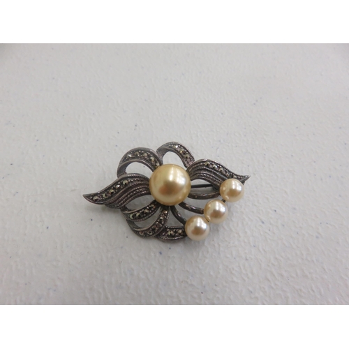 94 - Silver, Marcasite and Pearl Brooch