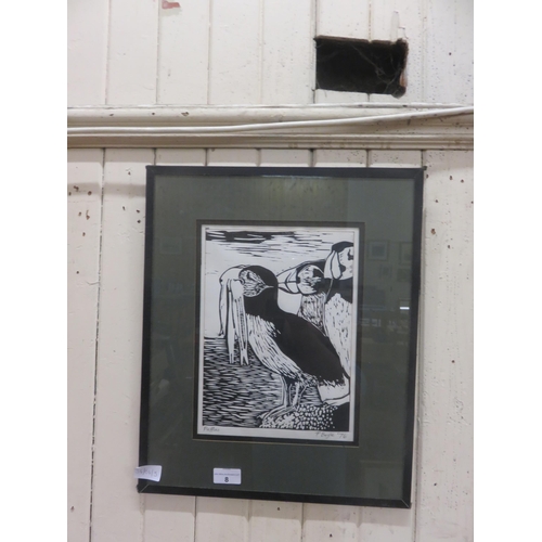 8 - Framed Screen Print - Puffins - signed P Boyle '76