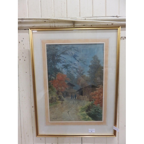 9 - Framed Watercolour - Woodland Scene with Figures - Ginnosuke Yokouchi