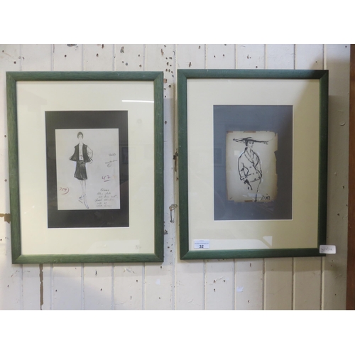 32 - Two Lady Fashion Design Prints on Various Subjects in Green Frames