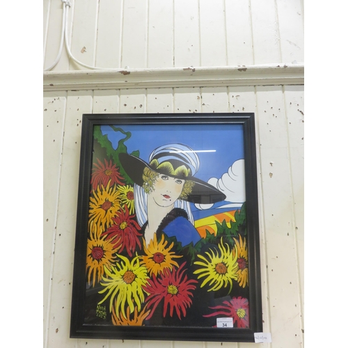 34 - Black Framed Painting - Flower Girl No.1 - Nora Padar