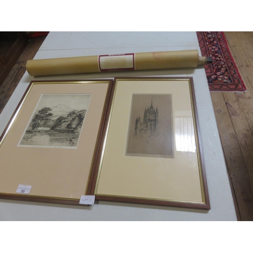 35 - Two Etchings - Marischal College - signed Alex Fraser and In Glencoe - signed R. Green. Map of Great... 